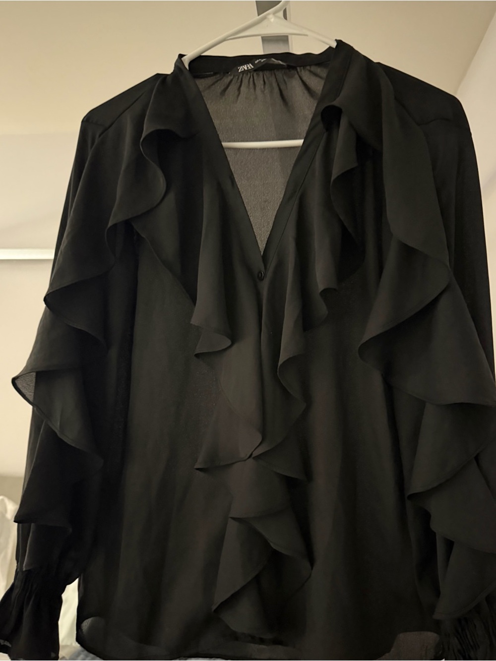 Zara Black Ruffle Sheer V-Neck Top
